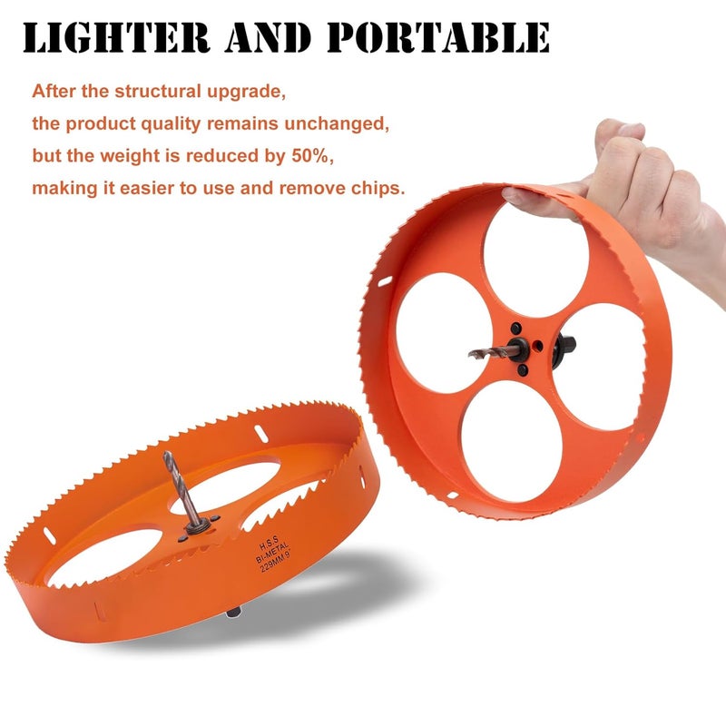 VIKITON 9 Inch Hole Saw with Arbor for Metal Wood Plastic, 9 in Bi-Metal Hole Cutter for Different Project with Smooth and Flat Drilling Edge, Fast Chip Removal, Lighter and Portable - Image 2